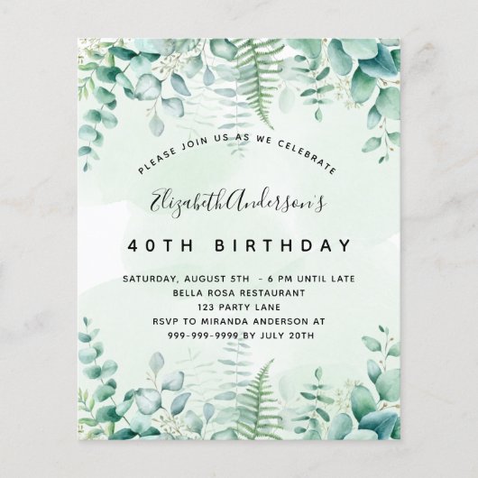 Papier Budget anniversaire eucalyptus invitation verte (Devant)