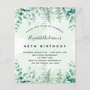 Papier Budget anniversaire eucalyptus invitation verte