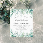 Papier Budget anniversaire eucalyptus invitation verte<br><div class="desc">Une invitation branchée pour une fête d'anniversaire de 40ème (ou tout autre âge), enchantée thème de la forêt. Un arrière - plan blanc aux fougères et à la végétation d'eucalyptus. Le nom est écrit avec un script de style moderne écrit à la main. Personnalisez et ajoutez les détails de votre...</div>