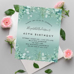 Papier Budget anniversaire eucalyptus invitation verte<br><div class="desc">Une invitation branchée pour une fête d'anniversaire de 40ème (ou tout autre âge), enchantée thème de la forêt. Un dégradé vert arrière - plan avec fougères et végétation d'eucalyptus. Le nom est écrit avec un script de style moderne écrit à la main. Personnalisez et ajoutez les détails de votre fête....</div>