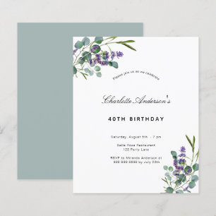 Papier Budget anniversaire eucalyptus lavande invitation