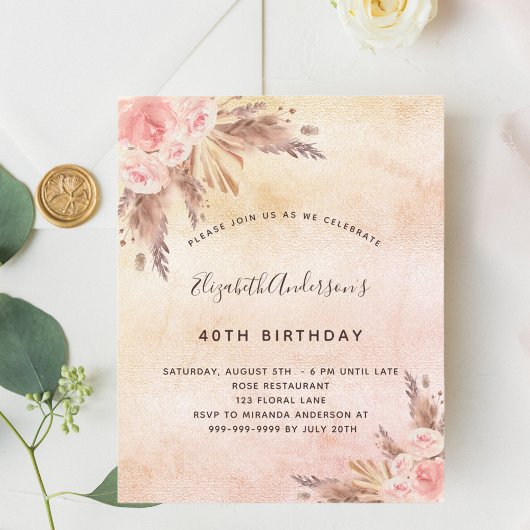 Papier Budget Anniversaire fête boho pampas herbe or rose