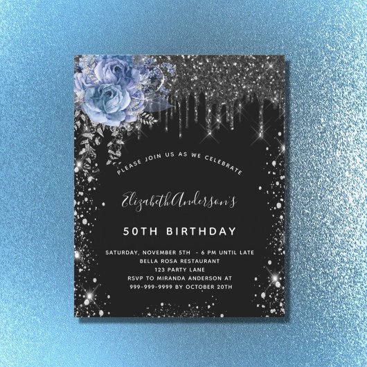 Papier Budget anniversaire noir argent pailleté bleu flor