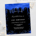 Papier Budget anniversaire noir bleu royal invitation<br><div class="desc">Une invitation à la fête d'anniversaire de 21e anniversaire, féminine et féminine (ou tout âge). Devant : Un arrière - plan noir chic. Décoré avec des gouttes de parties scintillant bleu royal, la peinture goutte à goutte. Personnalisez et ajoutez un nom et des détails du parti. Le nom est écrit...</div>