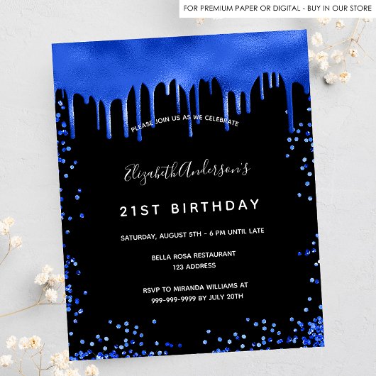 Papier Budget anniversaire noir bleu royal invitation