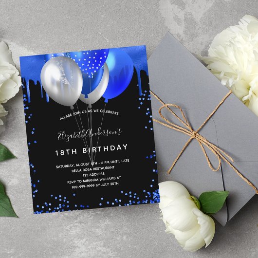 Papier Budget anniversaire noir bleu royal invitation