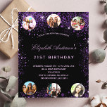 Papier Budget anniversaire noir violet invitation photo<br><div class="desc">Une invitation à la fête d'anniversaire de 21e anniversaire, féminine et féminine (ou tout âge). Devant : Un arrière - plan noir chic. Décoré avec de la poussière de parties scintillant en faux violet foncé. Personnalisez et ajoutez un nom, les détails de la fête et 6 photos. Le nom est...</div>