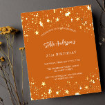 Papier Budget anniversaire orange or étoiles invitation<br><div class="desc">Un arrière - plan orange brûlé décoré d'étoiles dorées. Personnalisez et ajoutez un nom et des détails du parti. Le nom est écrit avec un script de style écrit à la main,  des lettres de couleur blanche. 1 feuille = 1 invite imprimé bord à bord.</div>