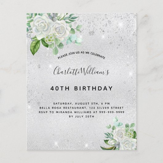 Papier Budget anniversaire paillettes argent floral verdu (Devant)