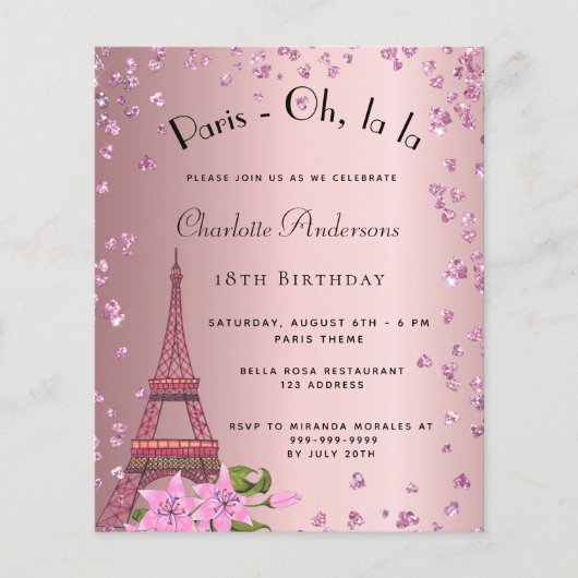 Papier Budget anniversaire Paris blush rose Eiffel invita (Devant)