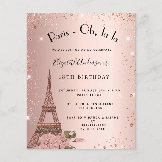 Papier Budget anniversaire Paris rose or Eiffel invitatio (Devant)