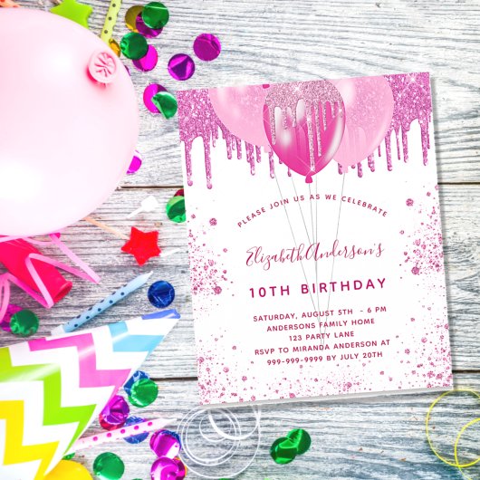 Papier Budget anniversaire rose blanc fille invitation