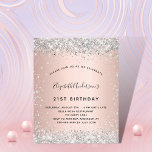 Papier Budget anniversaire rose or argent invitation<br><div class="desc">Pour une élégante fête d'anniversaire de 21e (ou tout âge). Un arrière - plan rose à l'apparence métallique. Décoré avec de la parties scintillant en faux argent. Personnalisez et ajoutez un nom et des détails du parti. Le nom est écrit avec un script de style manuscrit</div>