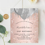 Papier Budget anniversaire rose or argent parties scintil<br><div class="desc">Pour un 21ème anniversaire élégant (ou tout âge). Un arrière - plan rose à l'apparence métallique. Décoré avec de l'or rose, des gouttes de parties scintillant blush et faux argent, la peinture goutte à goutte et des ballons. Personnalisez et ajoutez un nom, 21 ans et les détails de la fête....</div>