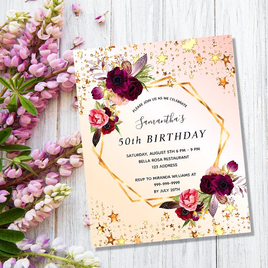 Papier Budget Anniversaire rose or florales invitation