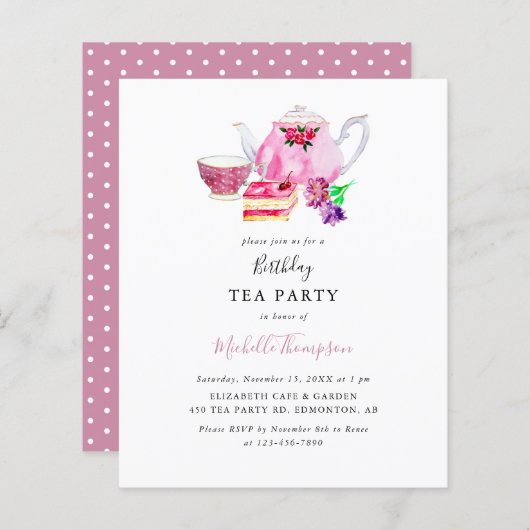 Papier Budget Anniversaire Tea Party Pink Teapot Script (Devant / Derrière)