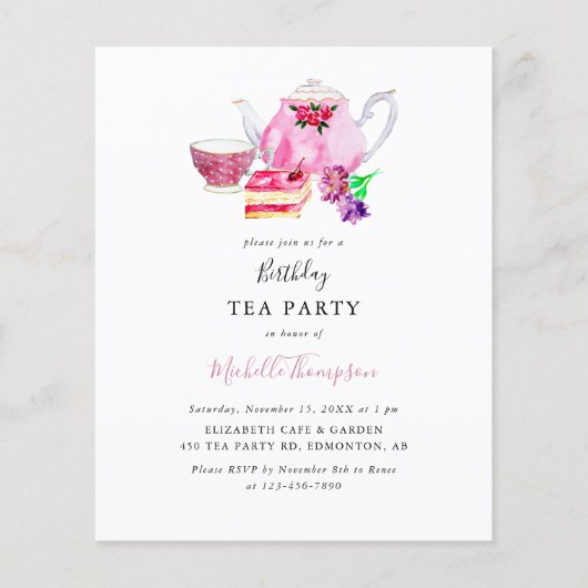 Papier Budget Anniversaire Tea Party Pink Teapot Script (Devant)
