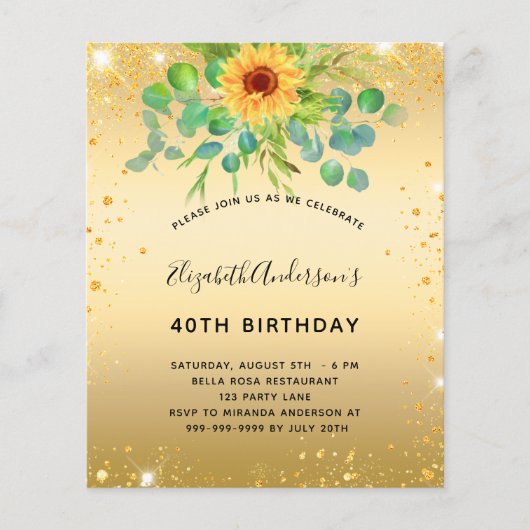 Papier Budget anniversaire tournesol eucalyptus or partie (Devant)