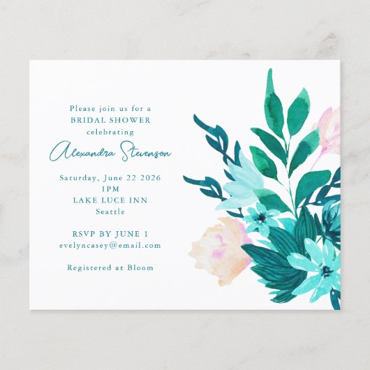 Papier Budget Aqua Blue Floral Invitation à la douche nup (Devant)