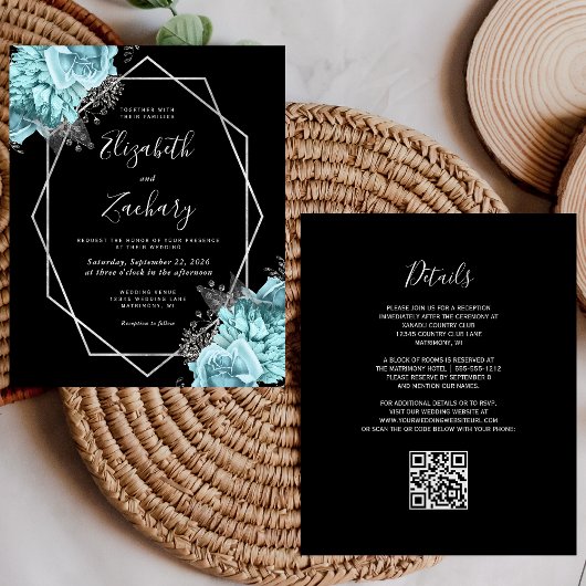 Papier Budget Aqua Silver Floral Black QR Code Wedding