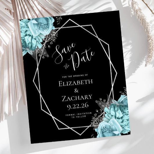 Papier Budget Aqua Silver Floral Black Save the Date