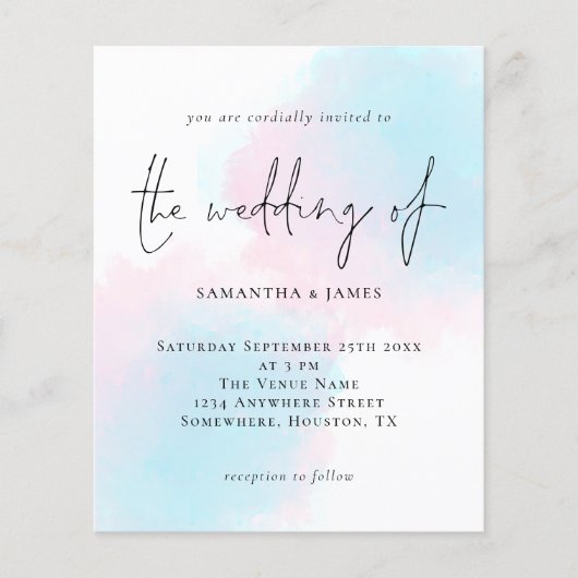 Papier Budget Aquarelle bleu rose Faire-part de mariage (Devant)