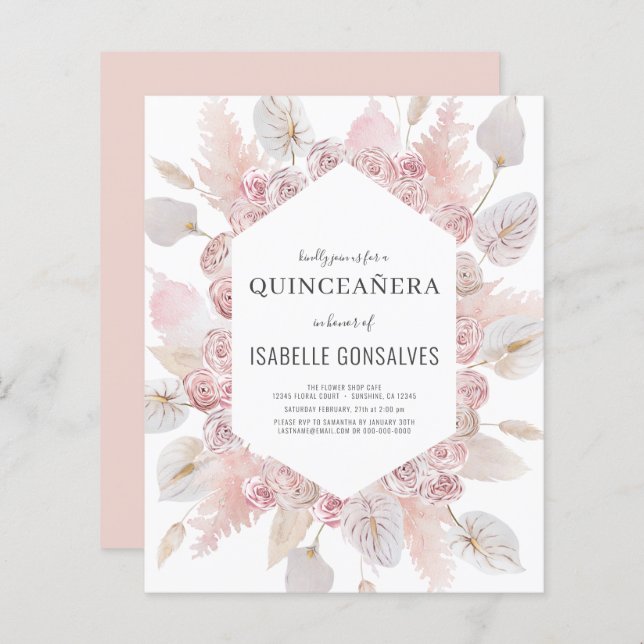 Papier Budget Aquarelle Boho QUINCEAÑERA Invitation (Devant / Derrière)