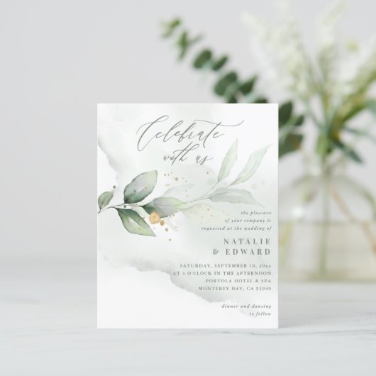 Papier budget Aquarelle feuillage vert or mariage (Debout devant)