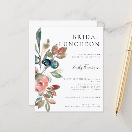 Papier Budget Aquarelle Florals Invitation de déjeuner nu (Devant/Arrière en situation)