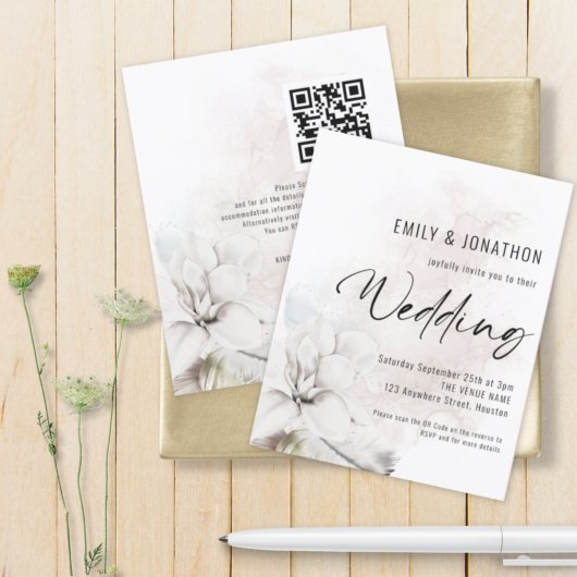 Papier Budget Aquarelle Flore blanche QR Wedding Invitati