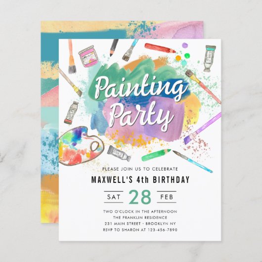 Papier Budget Aquarelle Peinture Partie Anniversaire (Devant / Derrière)