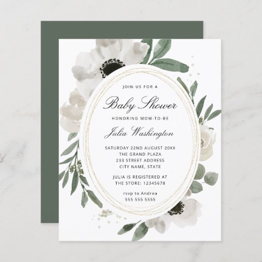Papier Budget Aquarelle verte Baby shower Invitation (Devant / Derrière)