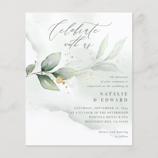 Papier budget Aquarelle verte feuillage or mariage (Devant)
