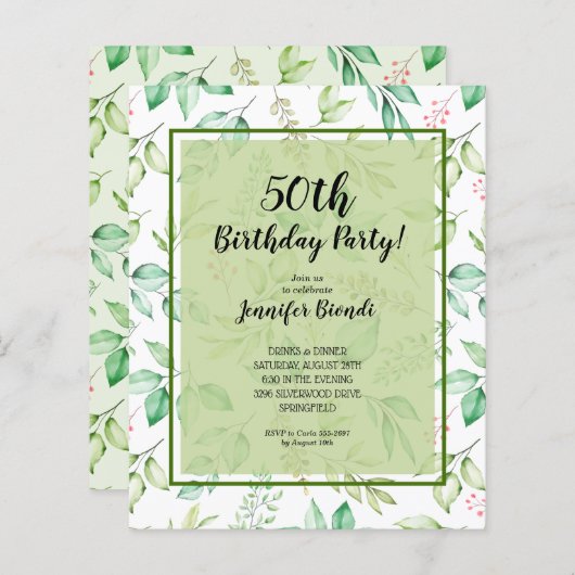 Papier Budget Aquarelle verte Invitation Anniversaire (Devant / Derrière)