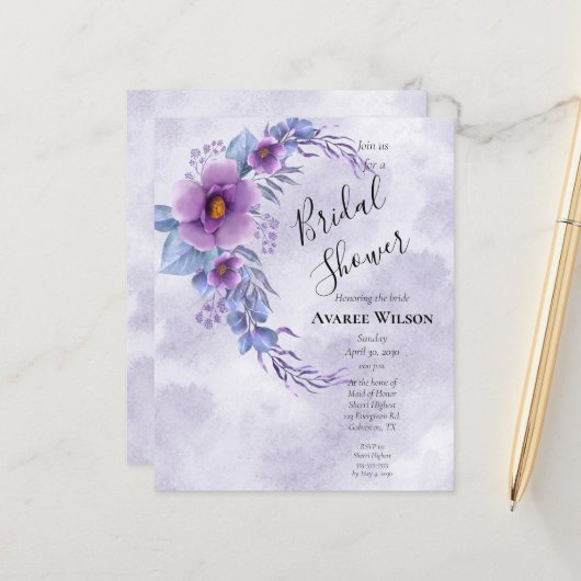 Papier BUDGET Aquarelle violet Fête des mariées florale (Devant/Arrière en situation)