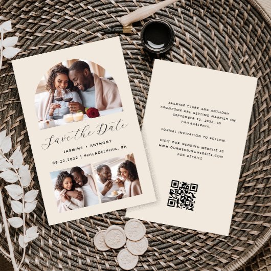 Papier Budget Arch 3-Photo Beige Code QR Save the Date