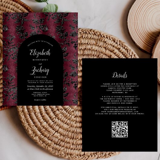 Papier Budget Arch Moody Bourgogne Noir QR Code Mariage