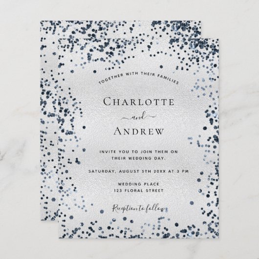 Papier Budget argent bleu marine faire-part de mariage (Devant / Derrière)