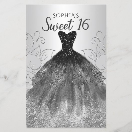Papier Budget Argent Robe Noire Sweet 16 Invitation (Devant)