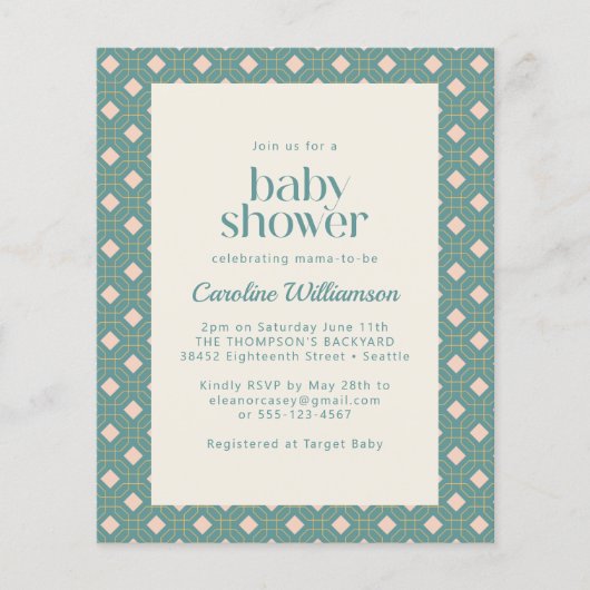 Papier Budget Art déco Baby shower géométrique Turquoise  (Devant)