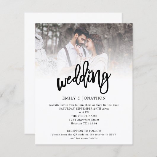 Papier Budget Artsy Script Photo QR Code Mariage Invitati (Devant / Derrière)