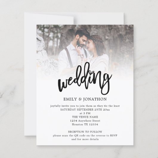 Papier Budget Artsy Script Photo QR Code Mariage Invitati (Devant)
