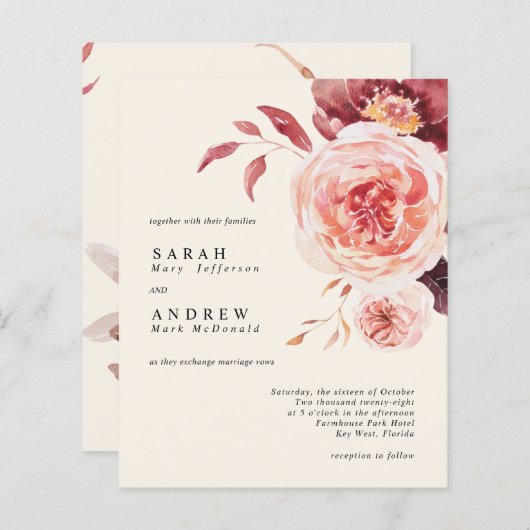 Papier Budget Automne Aquarelle Florale Faire-part de mar (Devant / Derrière)