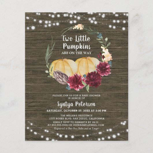 Papier Budget Automne Deux Petits Baby showers Citrouille (Devant)