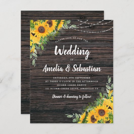 Papier BUDGET Automne Faire-part de mariage de tournesol (Devant / Derrière)