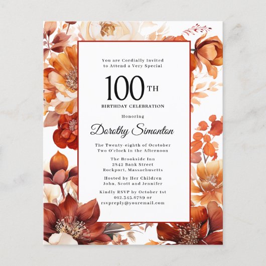 Papier Budget Automne Fleurs 100e anniversaire Invitation (Devant)