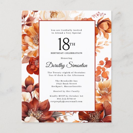 Papier Budget Automne Fleurs 18e anniversaire Invitation (Devant)