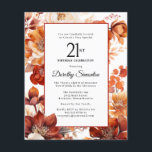 Papier Budget Automne Fleurs 21e anniversaire Invitation<br><div class="desc">D'élégantes fleurs d'aquarelle orange en terre cuite créent un cadre floral audacieux sur cette invitation à l'anniversaire fleuri de l'automne. Un script simple lui donne une ambiance moderne.</div>
