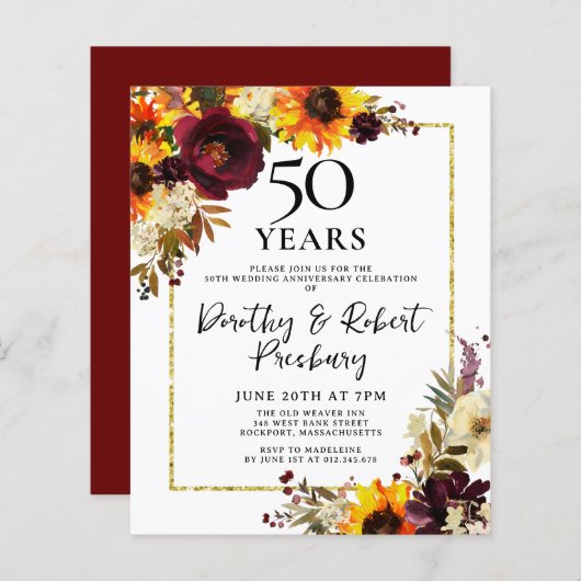 Papier Budget automne fleurs 50e anniversaire Invitation (Devant / Derrière)