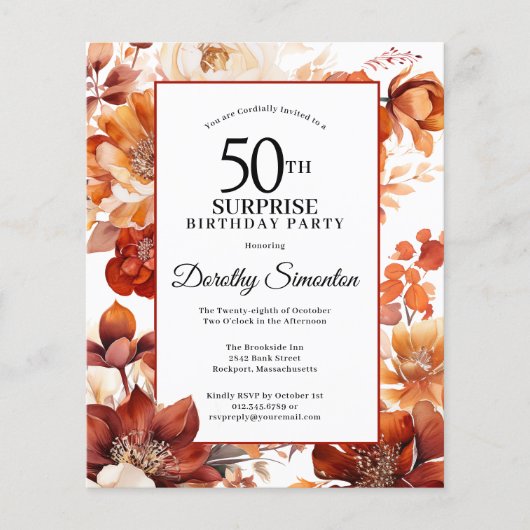 Papier Budget Automne Fleurs 50e Invitation surprise Anni (Devant)